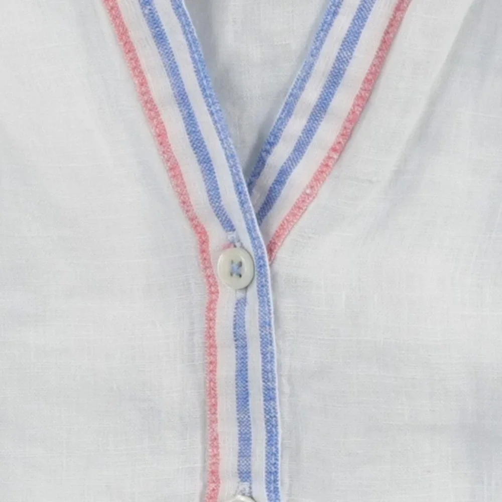 NWT Talbots 100% Linen Blouse Women's Size Large White Blue Coral Striped Henley